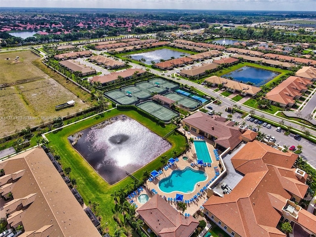 drone / aerial view with a water view