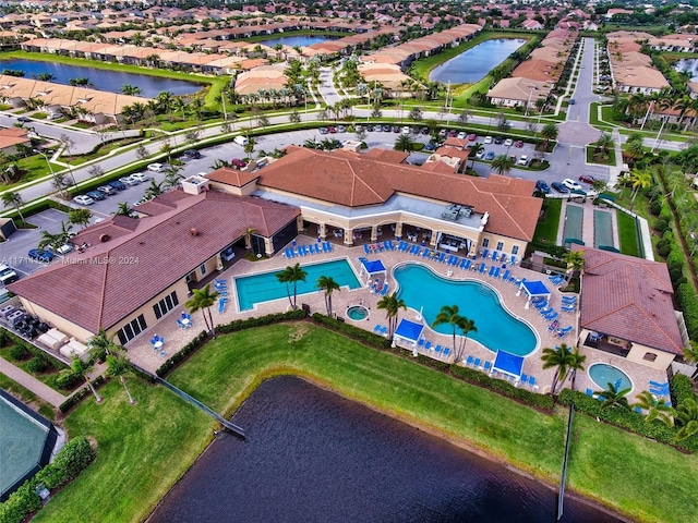 aerial view featuring a water view