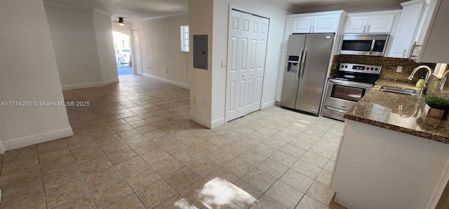 kitchen featuring sink, white cabinets, dark stone counters, electric panel, and stainless steel appliances