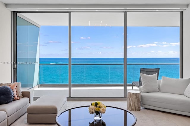 living room featuring a water view