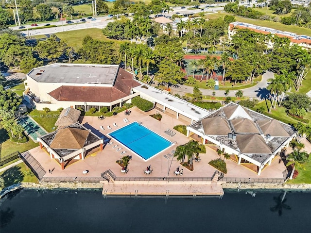 aerial view featuring a water view