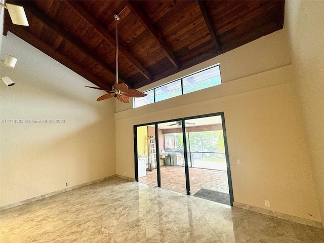 spare room featuring ceiling fan, beamed ceiling, high vaulted ceiling, and wood ceiling