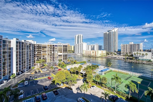 drone / aerial view with a water view