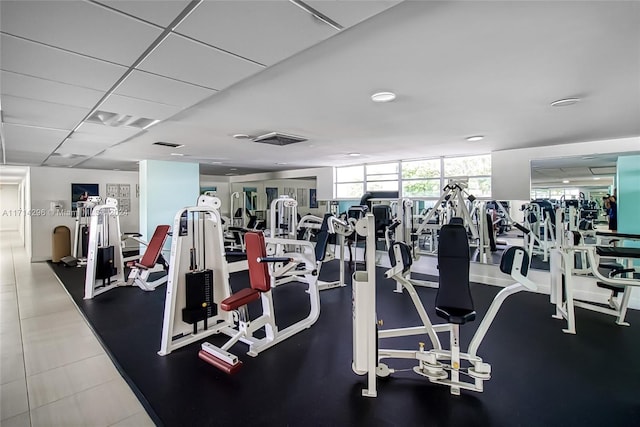 gym with a paneled ceiling and a wall of windows