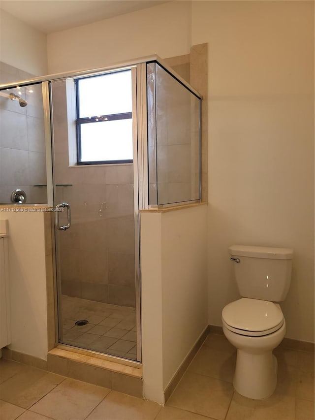 bathroom with tile patterned floors, vanity, toilet, and walk in shower