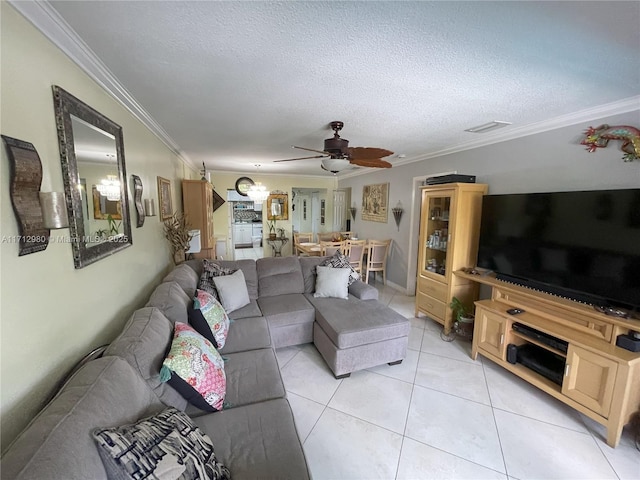126 Sparrow Dr Unit 22B, Royal Palm Beach, FL 33411 - living room with a ceiling fan, crown molding, light tile patterned floors, and a textured ceiling