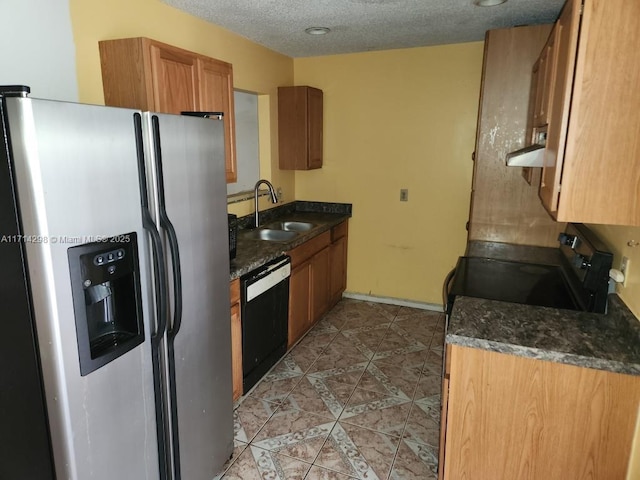 kitchen with sink, extractor fan, a textured ceiling, light tile patterned floors, and black appliances