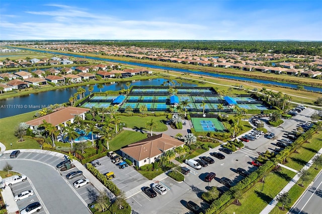 drone / aerial view with a water view