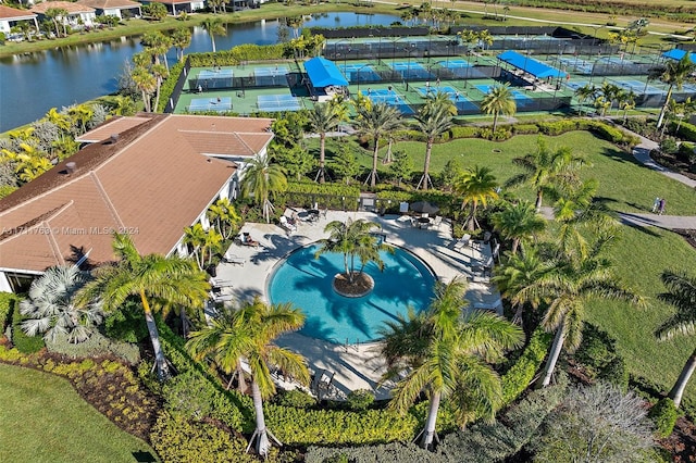 bird's eye view with a water view