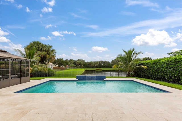 view of pool featuring a yard and pool water feature