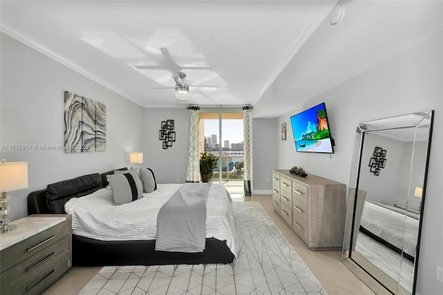 bedroom with ceiling fan and crown molding