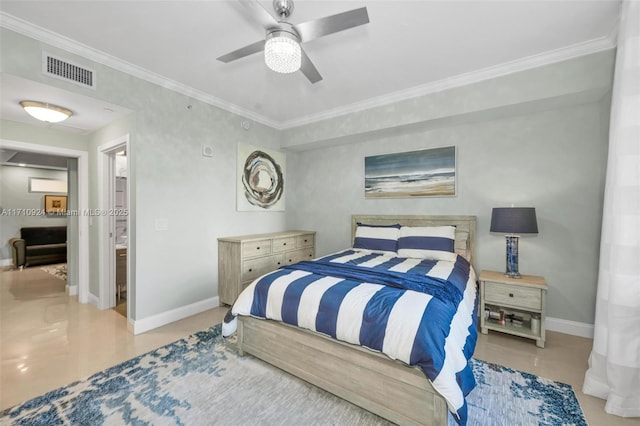 bedroom featuring ceiling fan and crown molding