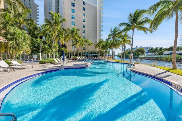 view of swimming pool with a patio area