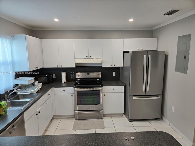 kitchen with appliances with stainless steel finishes, sink, light tile patterned floors, white cabinets, and electric panel