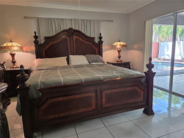 tiled bedroom featuring access to exterior and ornamental molding