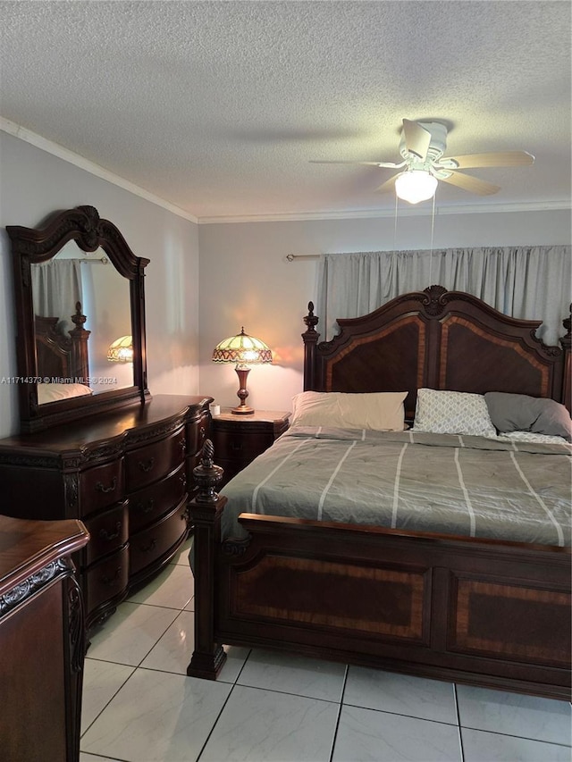 bedroom with a textured ceiling, ceiling fan, light tile patterned flooring, and crown molding