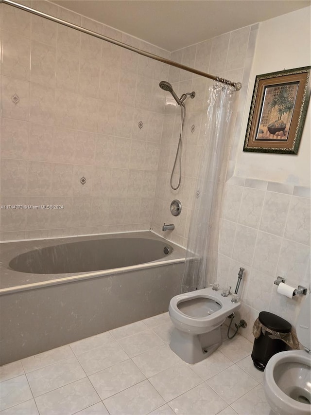 bathroom with shower / bath combination with curtain, a bidet, tile walls, tile patterned flooring, and toilet