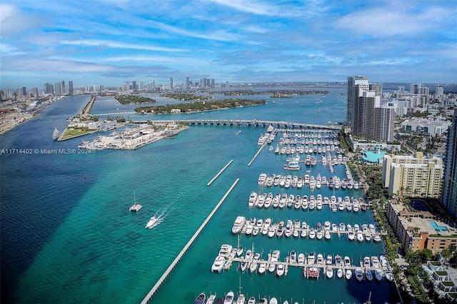 drone / aerial view with a water view