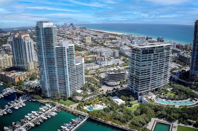 drone / aerial view with a water view