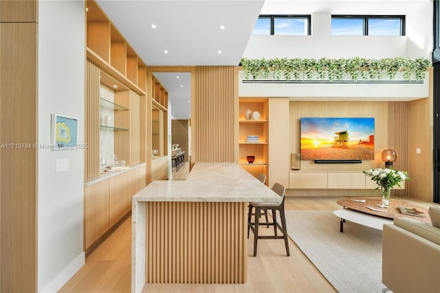 bar featuring light hardwood / wood-style floors and built in features