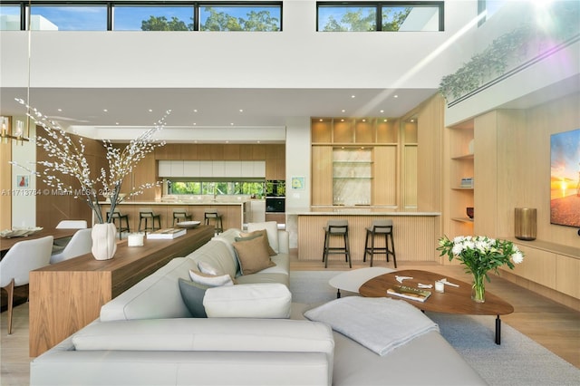 living room with light hardwood / wood-style flooring, built in shelves, and a wealth of natural light