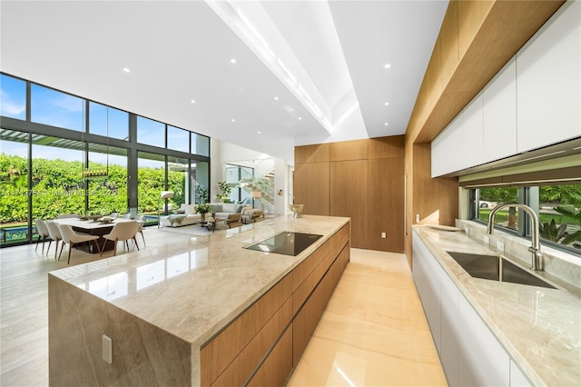 kitchen featuring wood walls, sink, white cabinets, black electric stovetop, and light stone counters