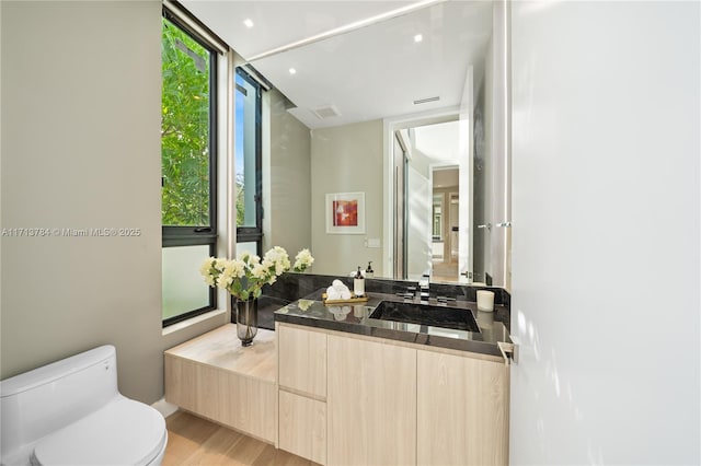 bathroom featuring hardwood / wood-style flooring, vanity, and toilet