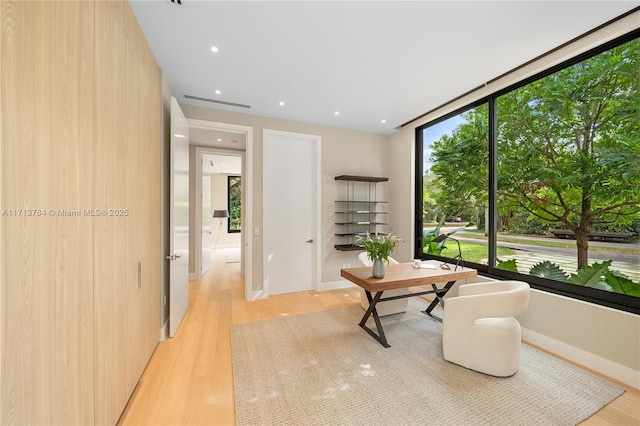 interior space featuring floor to ceiling windows and light hardwood / wood-style flooring