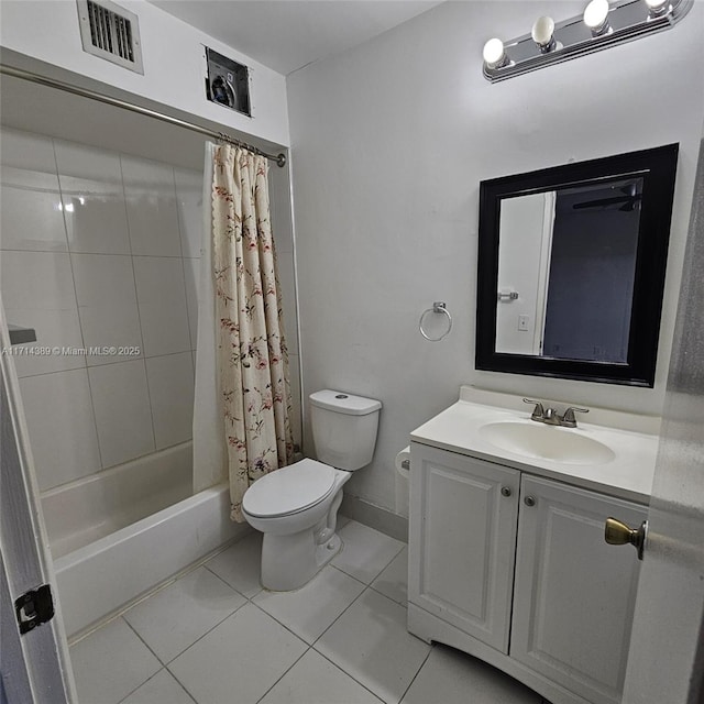 full bathroom featuring visible vents, toilet, shower / tub combo, vanity, and tile patterned floors