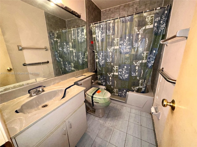 full bathroom with toilet, vanity, tile patterned floors, and shower / tub combo with curtain