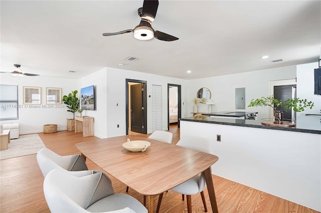 dining room with ceiling fan, light wood-type flooring, and electric panel