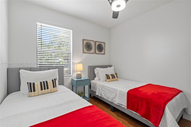 bedroom featuring multiple windows, ceiling fan, and dark wood-type flooring