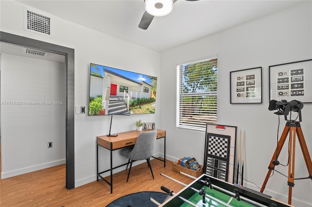 office space with ceiling fan and hardwood / wood-style flooring