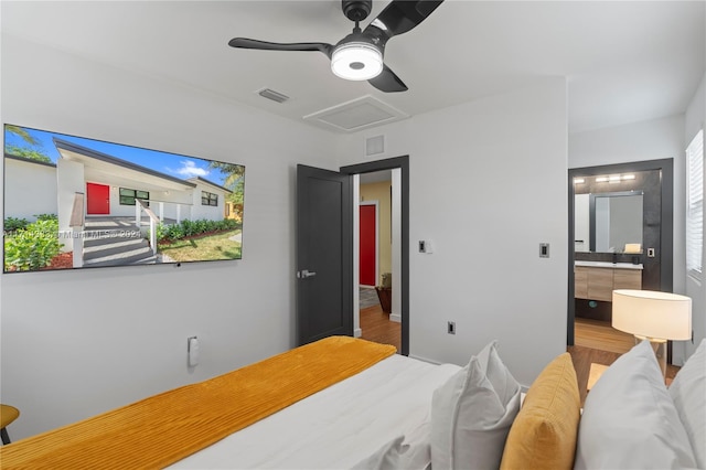 bedroom featuring ceiling fan and light wood-type flooring