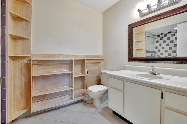 bathroom with toilet, walk in shower, tile patterned floors, and vanity