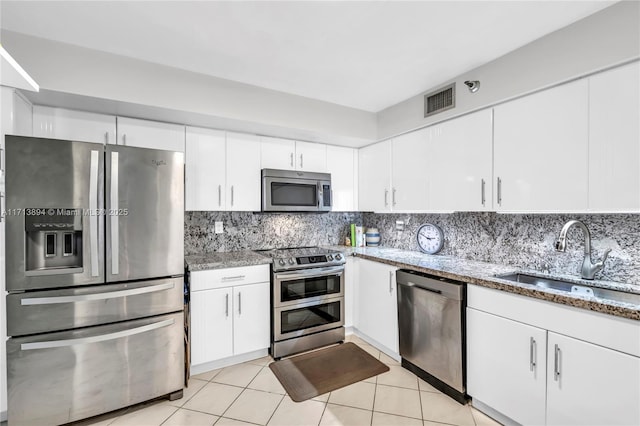 kitchen with light stone counters, white cabinetry, decorative backsplash, stainless steel appliances, and a sink