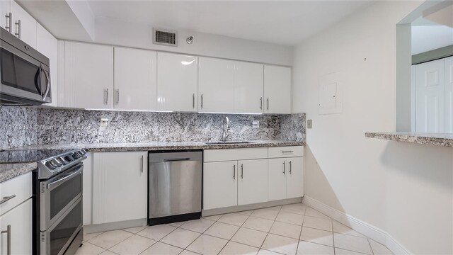 kitchen with tasteful backsplash, white cabinets, visible vents, a sink, and stainless steel appliances