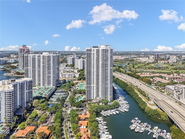 birds eye view of property with a water view and a city view
