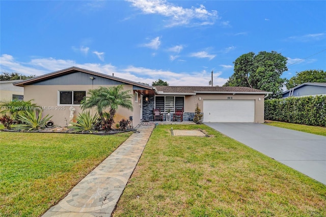 ranch-style house with a garage and a front lawn