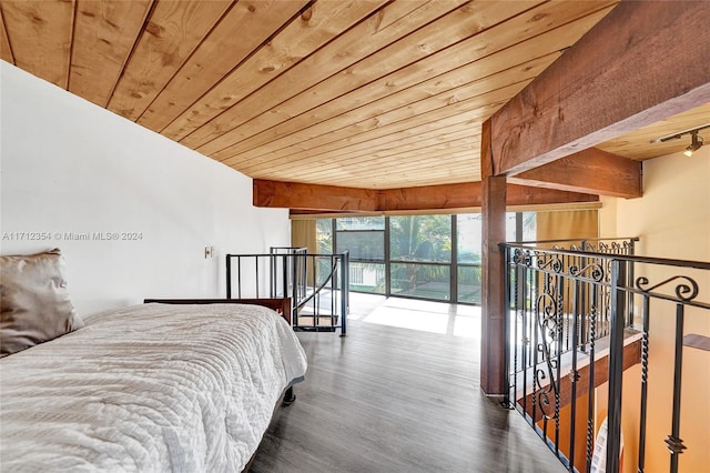 bedroom featuring beam ceiling, dark wood-type flooring, and wooden ceiling