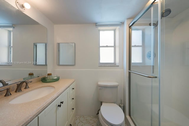 bathroom with vanity, toilet, and walk in shower