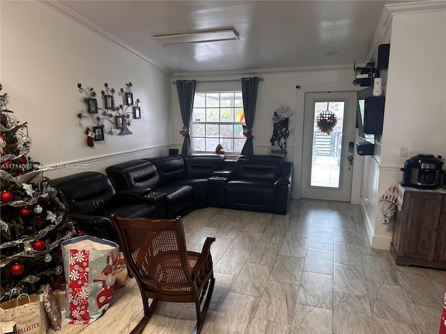 living room featuring crown molding