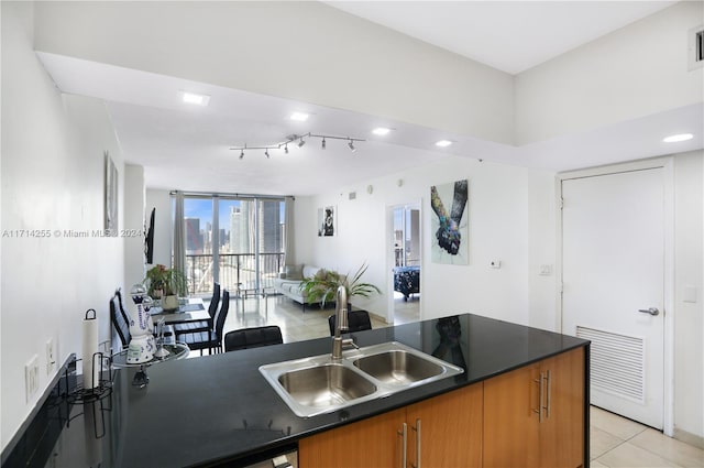 kitchen featuring light tile patterned floors, an island with sink, a wall of windows, and sink