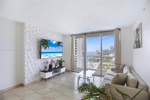 tiled living room with a wealth of natural light and floor to ceiling windows