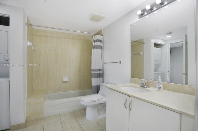 full bathroom featuring shower / bath combo with shower curtain, tile patterned flooring, vanity, and toilet