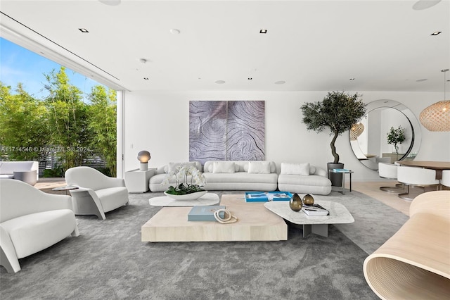 carpeted living room with expansive windows