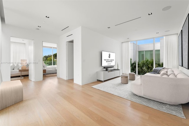 living room featuring floor to ceiling windows and light hardwood / wood-style flooring