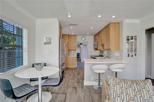 kitchen with decorative backsplash, light wood-type flooring, kitchen peninsula, and stainless steel appliances