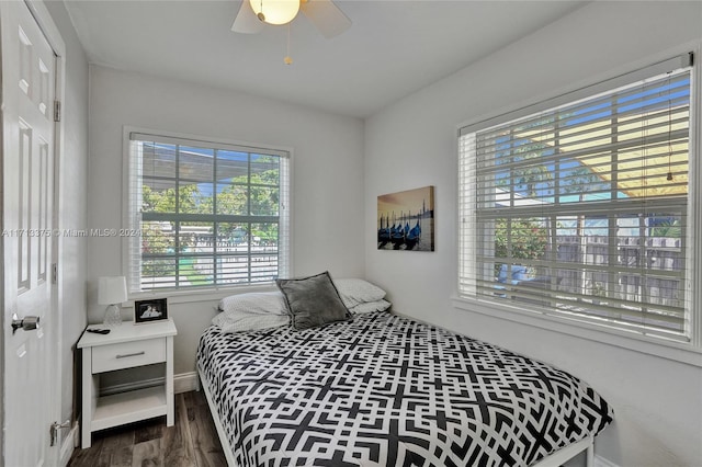 bedroom featuring ceiling fan, a closet, and dark hardwood / wood-style floors