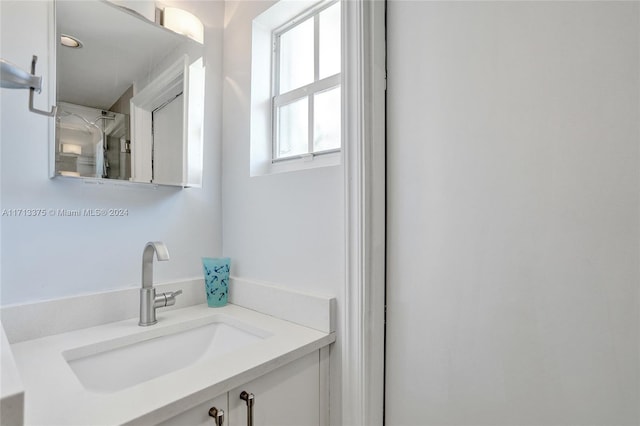 bathroom featuring a shower and vanity